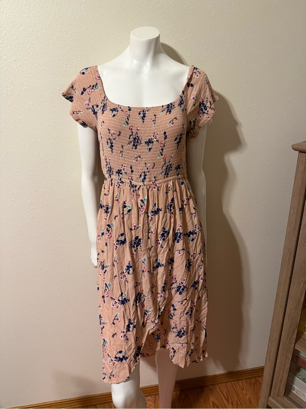 Smocked Square-Neck Midi Dress in Blush Pink Floral